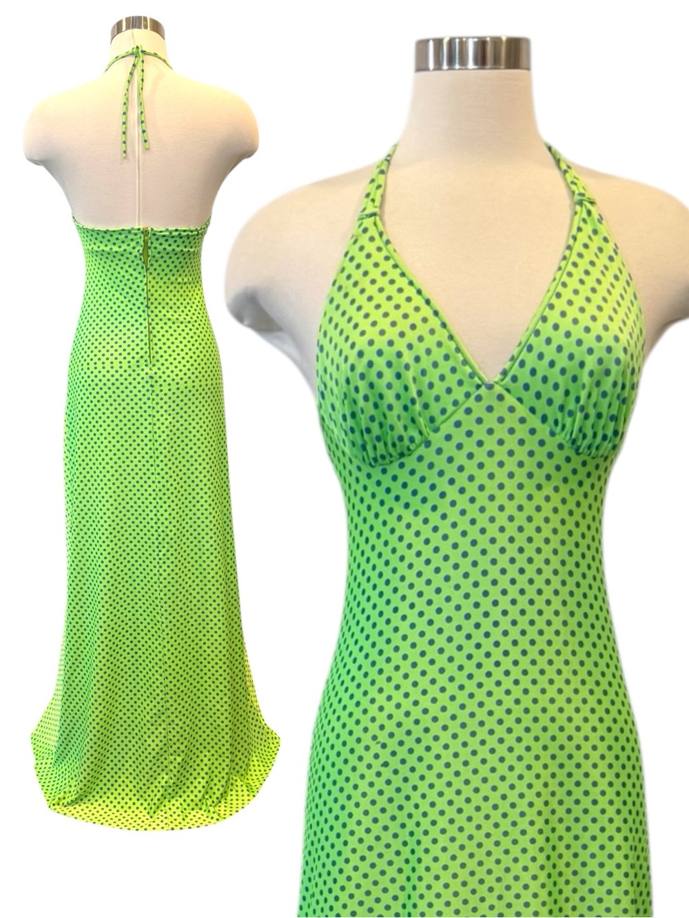 Vintage Elisabeth Stewart Neon Lime Green Stretch Swim Dress Halter Maxi Gown